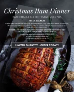 Get ready for a festive feast! 🎄✨🥂 Our Christmas Eve Ham Dinner is perfect for gathering with loved ones. You'll receive a hearty meal for six, including a savory baked ham, creamy mashed potatoes and gravy, baked penne alfredo, buttered corn, BW house salad with roasted garlic vinaigrette, rolls with butter, and our famous wave of passion chocolate cake!
Make sure to place your order by December 18th by calling Jessica at 218.625.6147 or email christmas@blackwoods.com. Pickup and delivery on Wednesday, December 24th 🍽️
📍 Available for curbside pickup at Proctor Black Woods only
🚗 Local delivery available to your door $15 delivery fee
🕛 Pick up or delivery available between 10am-2pm
